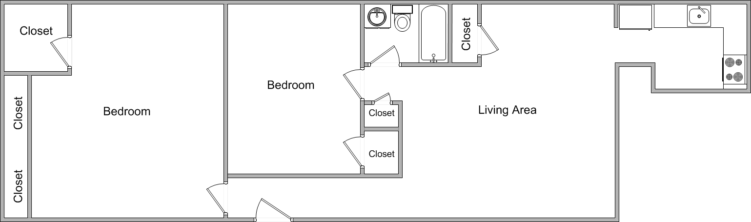 Floor plan for 2 beds, 1 bath, 1006 sqft